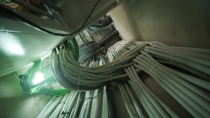 Organized bundle of insulated electrical and network cables in utility corridor