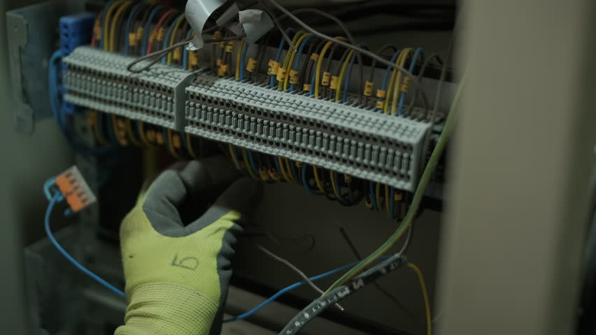 Electrician working on wiring inside control panel with gloves