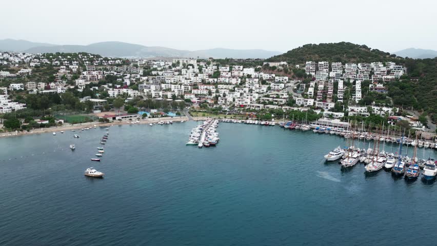 Yalikavak Bay in Bodrum. Mugla, Turkey. Panoramic view of Yalikavak marina and beach.
