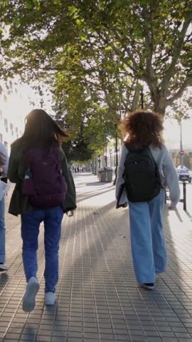 Multicultural group of students walking outside on the street to go home. Rear view of classmates leaving the school after class. Vertical video with copy space.