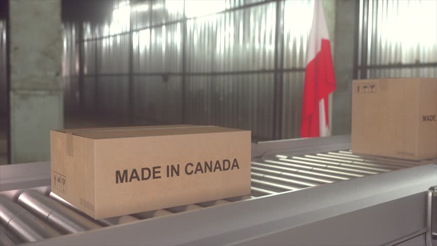 Made in CANADA concept. Animated Loop of Manufacturing and Logistics with Moving Boxes on Conveyor