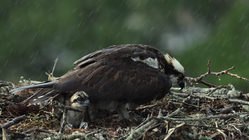 Osprey in the rain on a nest