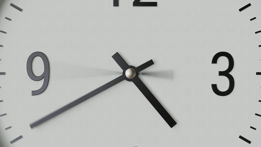 Time-lapse of black and white classic wall clock, neutral light grey background, soft sunlight, day to evening transition, zoom out effect