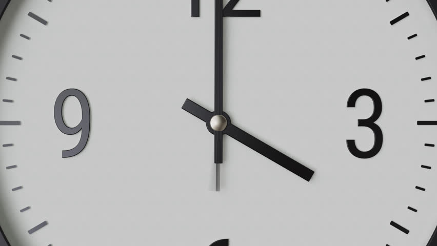 Close-up macro shot time-lapse of black and white classic wall clock, soft sunlight, camera locked on moving minute hand, rotation, clock rotating