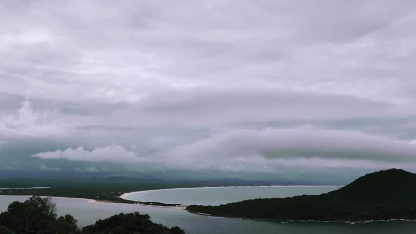 Nelsons bay view from mountain, Port Stephens , New castle. Lovely beach and cloudy sky.