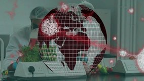 Scientists working in lab with globe and virus animation overlay. Science, research, laboratory, virology, pandemic, microscope - Powered by Shutterstock - Get 15% off with code: PIKWIZARD15