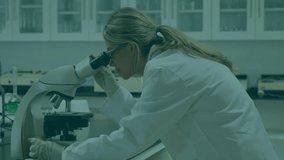 In laboratory, scientist using microscope with Cyber Monday animation overlay. Research, technology, microbiology, innovation, analysis, digital - Powered by Shutterstock - Get 15% off with code: PIKWIZARD15