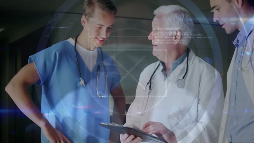 Discussing futuristic data visualization, medical professionals using digital interface technology. innovation, healthcare, data analysis - Powered by Shutterstock - Get 15% off with code: PIKWIZARD15