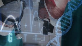 Examining DNA strand with animation overlay, surgeons analyzing data in hospital. Genetics, research, biotechnology, analysis, science, healthcare - Powered by Shutterstock - Get 15% off with code: PIKWIZARD15