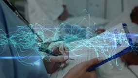 In hospital, medical professionals analyzing animation of complex data visualization. Healthcare, technology, innovation, specialists, research, analytics - Powered by Shutterstock - Get 15% off with code: PIKWIZARD15