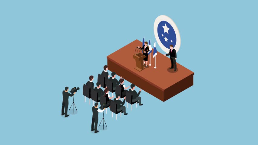 Political Press Conference and Public Speech Event 3d animation cartoon