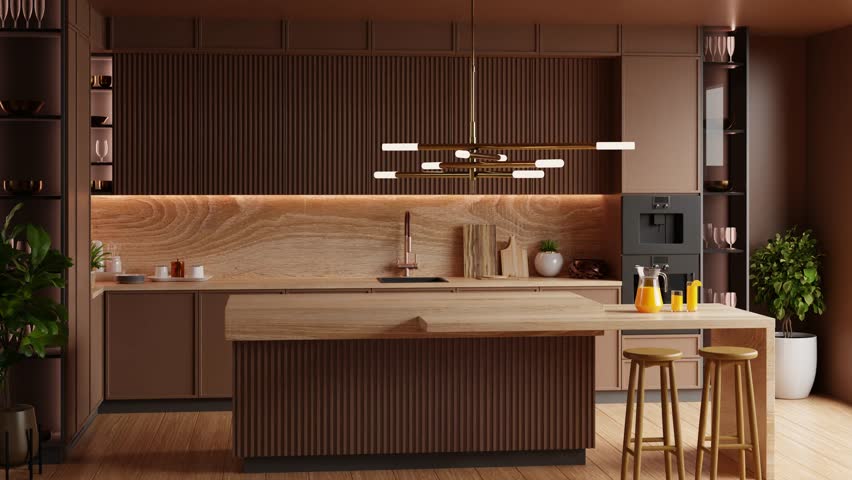 kitchen room interior in brown mocha mousse 2025 color with modern decoration - 3D rendering	