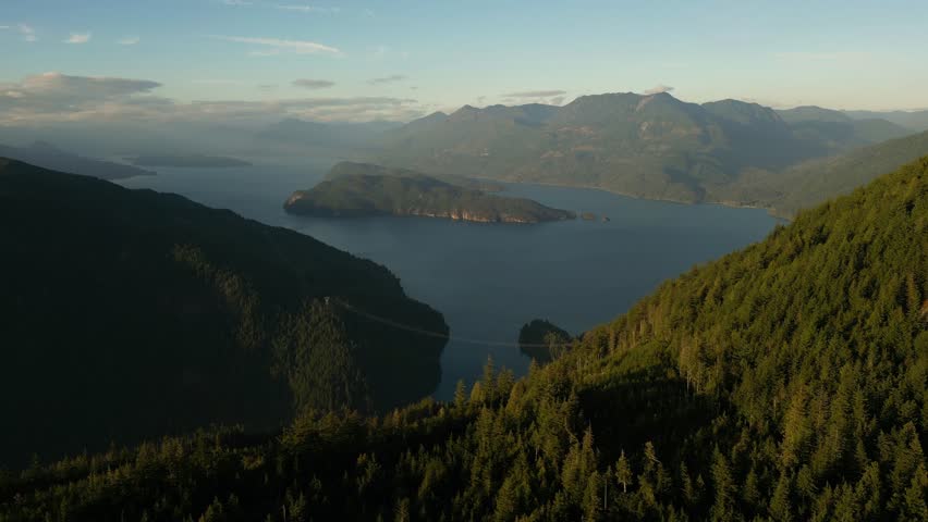 Aerial View of Inlets, Coastal Mountains, and Lush Forests in British Columbia, Canada