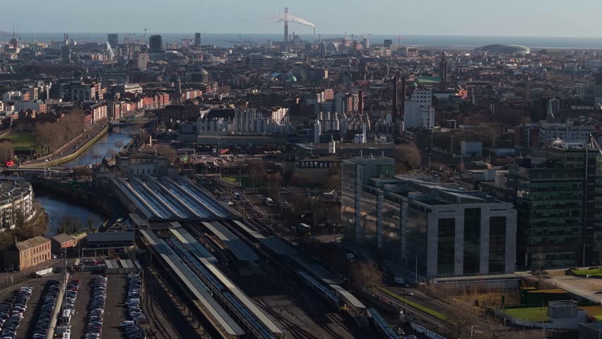 Dublin City From Heuston Railway Station Near The River Liffey In Ireland. - aerial shot