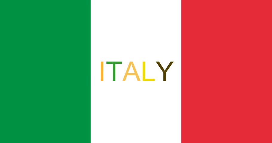 Italian tricolour flag GREEN WHITE and RED with the word ITALY spinning fast as it grows in size the colours of the letters change randomly
