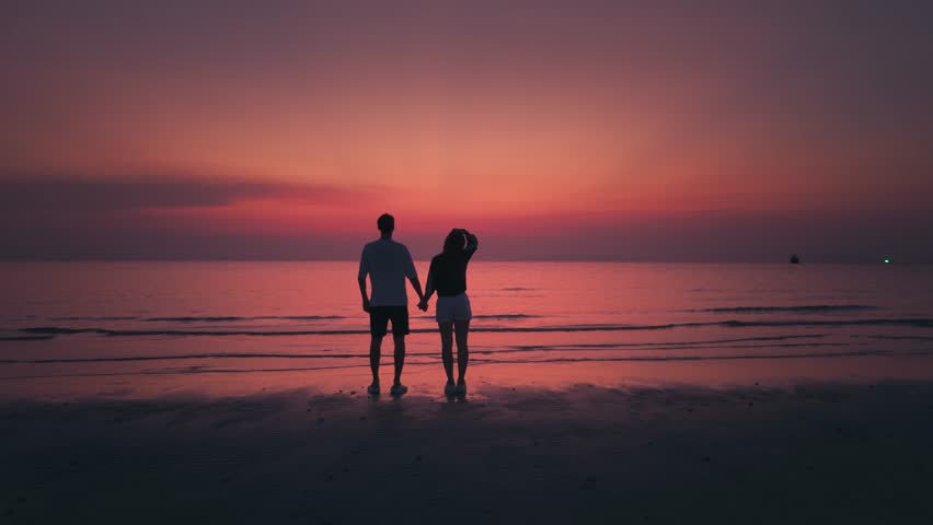 Silhouette couple watching sunset on beach holding hands, back view. Valentine