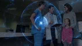 Digital globe with network connections animation over family talking to doctor. technology, communication, healthcare, consultation, virtual, futuristic - Powered by Shutterstock - Get 15% off with code: PIKWIZARD15