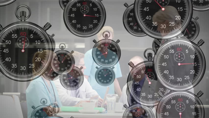 In healthcare setting, animation of multiple stopwatches overlaying people working. Time management, efficiency, multitasking, productivity, stress, pressure