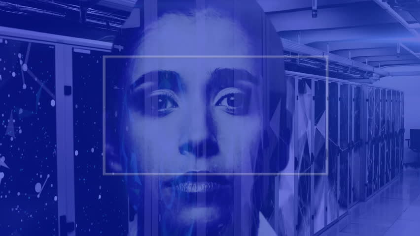 In data center, face recognition animation processing over servers in operation. Technology, cybersecurity, innovation, digital, artificial intelligence, automation - Powered by Shutterstock - Get 15% off with code: PIKWIZARD15