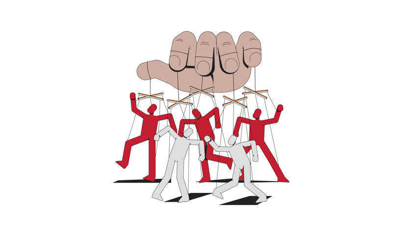 Controlling hand manipulating puppets 2D animation. Authority dominance. Puppeteer pulling marionettes strings animated cartoon arm human body part 4K video isolated on white transparent