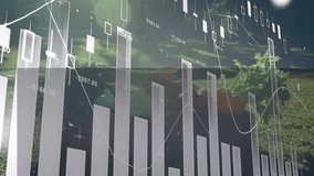 Animation of financial data charts overlaying lush green forest background. Finance, growth, sustainability, investment, environment, nature - Powered by Shutterstock - Get 15% off with code: PIKWIZARD15