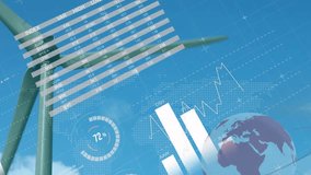Animation of wind turbine with pie charts over world map for data visualization. Renewable, energy, sustainable, infographic, global, technology - Powered by Shutterstock - Get 15% off with code: PIKWIZARD15