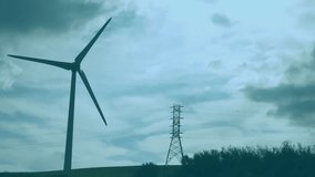 Wind turbine and power lines with data processing animation over landscape. Renewable, energy, technology, infrastructure, electricity, sustainable - Powered by Shutterstock - Get 15% off with code: PIKWIZARD15
