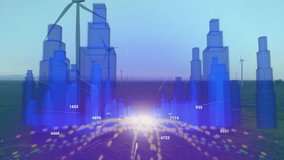 Animation of wind turbines and data graphs over cityscape at sunset. Renewable, energy, sustainability, environment, technology, innovation - Powered by Shutterstock - Get 15% off with code: PIKWIZARD15
