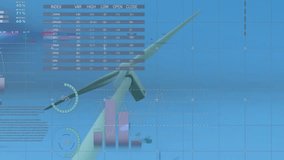 Animation of wind turbine with data charts and graphs overlaying global statistics. Renewable, energy, sustainability, infographic, technology, environment - Powered by Shutterstock - Get 15% off with code: PIKWIZARD15
