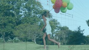 Child running with balloons in animation over data visualization in school. Education, infographic, technology, analysis, childhood, learning - Powered by Shutterstock - Get 15% off with code: PIKWIZARD15