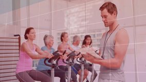 People exercising on stationary bikes with data processing animation overlay. Fitness, exercise, cycling, technology, digital, health - Powered by Shutterstock - Get 15% off with code: PIKWIZARD15