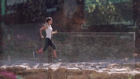 Jogging on rocky trail, woman with digital data animation overlay outdoors. Running, fitness, technology, analytics, health, exercise - Powered by Shutterstock - Get 15% off with code: PIKWIZARD15