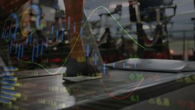 Person running on treadmill with financial data graphs overlay animation. Fitness, exercise, finance, technology, analytics, cardio - Powered by Shutterstock - Get 15% off with code: PIKWIZARD15