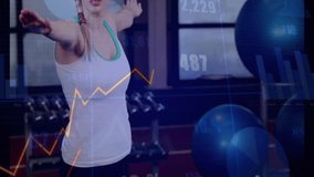 Woman exercising in gym with financial data processing animation overlay. Exercise, fitness, technology, analytics, finance, health - Powered by Shutterstock - Get 15% off with code: PIKWIZARD15