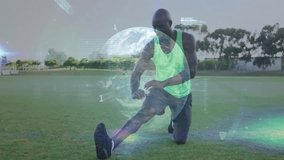 Athlete stretching on field with data processing animation over globe. Fitness, sports, technology, analytics, global, exercise - Powered by Shutterstock - Get 15% off with code: PIKWIZARD15