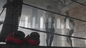 Boxers training in gym with data processing animation overlaid on scene. Fitness, technology, sports, exercise, analytics, strength - Powered by Shutterstock - Get 15% off with code: PIKWIZARD15