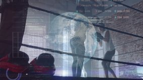 Boxers training in gym with digital data and globe animation overlay. Boxing, technology, fitness, exercise, sport - Powered by Shutterstock - Get 15% off with code: PIKWIZARD15