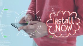 Using smartphone with Install Now text, person interacting with digital animation. Technology, download, application, user, interactive, multimedia - Powered by Shutterstock - Get 15% off with code: PIKWIZARD15