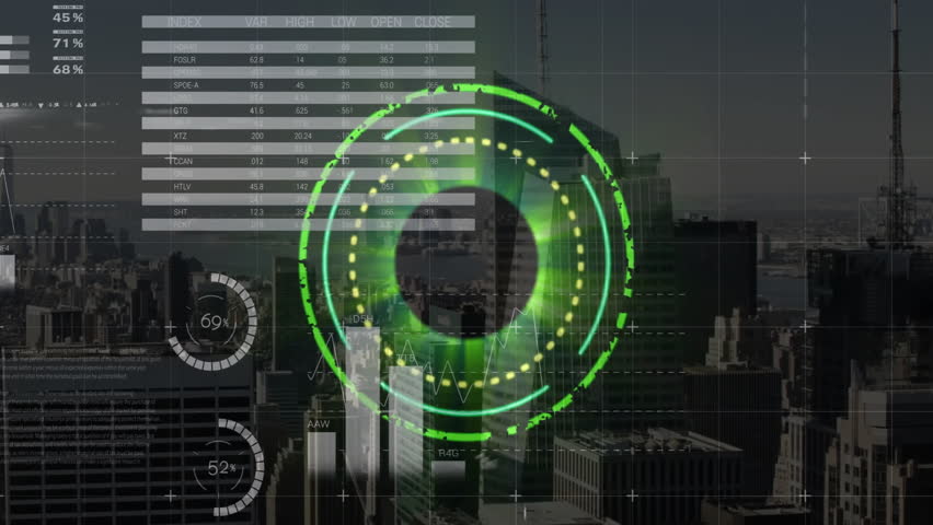 Cityscape background with animation of green digital interface and data analytics. Technology, modern, futuristic, innovation, information, urban - Powered by Shutterstock - Get 15% off with code: PIKWIZARD15