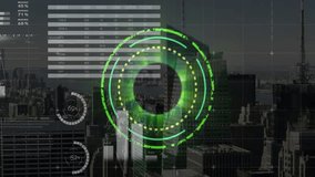 Cityscape background with animation of green digital interface and data analytics. Technology, modern, futuristic, innovation, information, urban - Powered by Shutterstock - Get 15% off with code: PIKWIZARD15