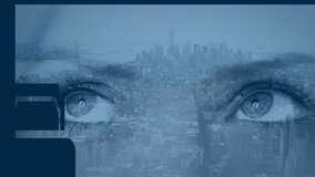 Animation of cloud computing symbols and arrows over cityscape with human eyes. Technology, connectivity, digital, innovation, network, data - Powered by Shutterstock - Get 15% off with code: PIKWIZARD15