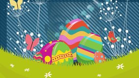 In animation, colorful Easter eggs with patterns nestled in grass with butterflies. Spring, festive, decoration, celebration, vibrant, nature - Powered by Shutterstock - Get 15% off with code: PIKWIZARD15