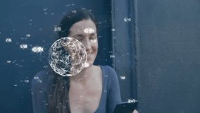 Woman using smartphone with digital network and data processing animation overlay. Technology, connectivity, communication, innovation, interface, mobile - Powered by Shutterstock - Get 15% off with code: PIKWIZARD15