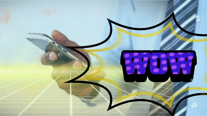 Person holding smartphone with WOW text animation over digital grid background. Technology, innovation, communication, futuristic, connectivity, mobile - Powered by Shutterstock - Get 15% off with code: PIKWIZARD15