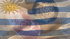 Uruguay flag overlaying raw meat and grains in bowl on wooden surface. Cuisine, culinary, gastronomy, tradition, ingredients, preparation - Powered by Shutterstock - Get 15% off with code: PIKWIZARD15