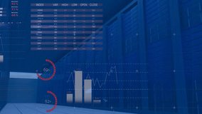 Animation of global map, pie charts, graphs in server room for data visualization. Technology, analytics, innovation, infographic, network, computing - Powered by Shutterstock - Get 15% off with code: PIKWIZARD15