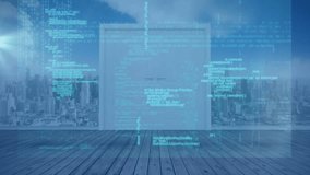 Animation of digital network overlaying cityscape through large windows in office. Technology, connectivity, innovation, futuristic, urban, modern - Powered by Shutterstock - Get 15% off with code: PIKWIZARD15