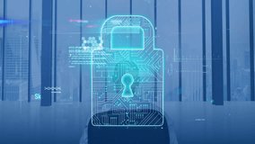 Digital lock and data processing animation over person relaxing in office. Cybersecurity, technology, relaxation, workplace, security, futuristic - Powered by Shutterstock - Get 15% off with code: PIKWIZARD15