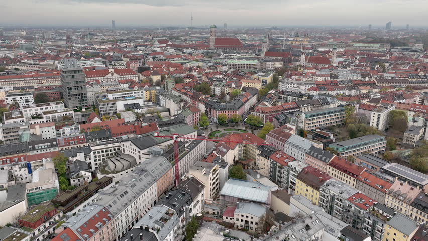 day time munich city residential house exteriors street circle square view aerial panorama 4k germany