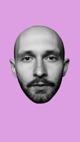 Split identity. Male head opens revealing skull, brain and glowing lightbulb inside. Stop motion, animation. Concept of inner world, emotion, duality, psychological metaphor.